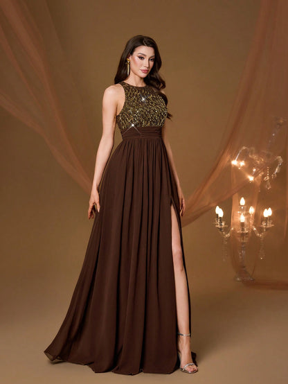 High Collar Backless Decorative Evening Dress, Embellished With Sequin Bow Decor, High Slit, Satin A-Line Skirt Spring Wedding Party Black