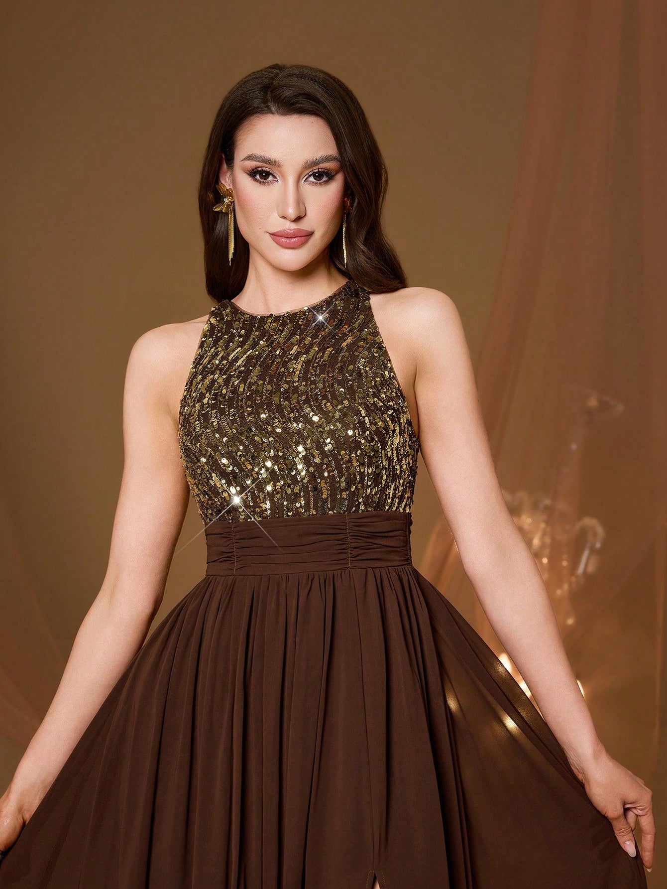 High Collar Backless Decorative Evening Dress, Embellished With Sequin Bow Decor, High Slit, Satin A-Line Skirt Spring Wedding Party Black