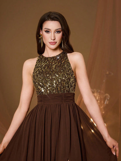 High Collar Backless Decorative Evening Dress, Embellished With Sequin Bow Decor, High Slit, Satin A-Line Skirt Spring Wedding Party Black