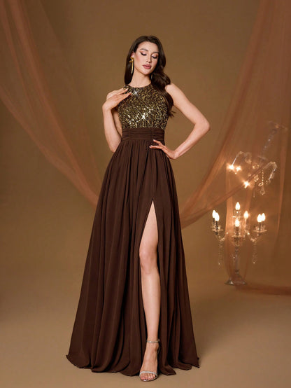 High Collar Backless Decorative Evening Dress, Embellished With Sequin Bow Decor, High Slit, Satin A-Line Skirt Spring Wedding Party Black