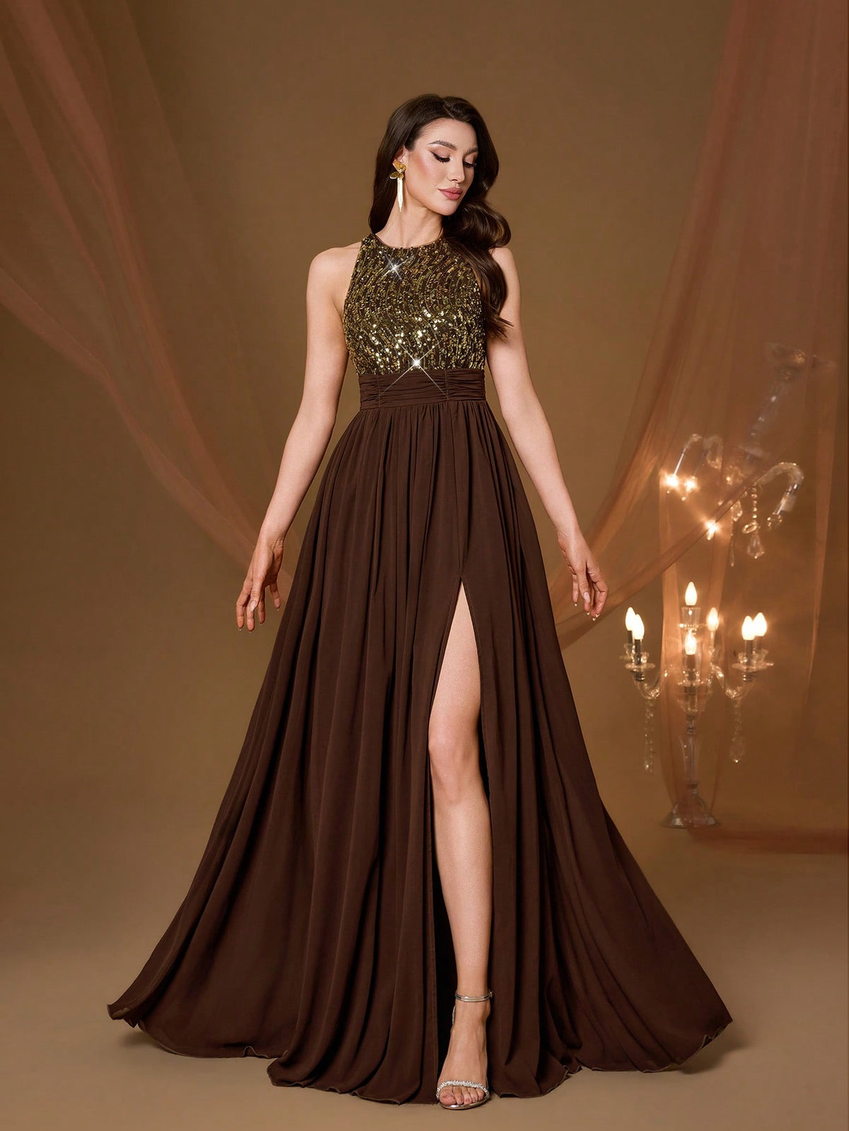 High Collar Backless Decorative Evening Dress, Embellished With Sequin Bow Decor, High Slit, Satin A-Line Skirt Spring Wedding Party Black