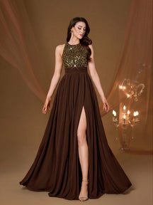 High Collar Backless Decorative Evening Dress, Embellished With Sequin Bow Decor, High Slit, Satin A-Line Skirt Spring Wedding Party Black