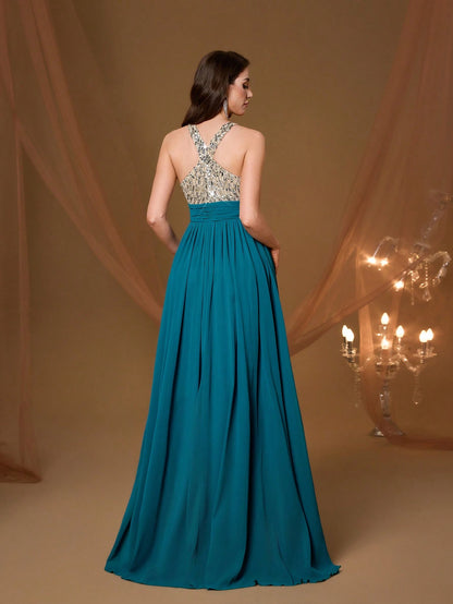 High Collar Backless Decorative Evening Dress, Embellished With Sequin Bow Decor, High Slit, Satin A-Line Skirt Spring Wedding Party Black