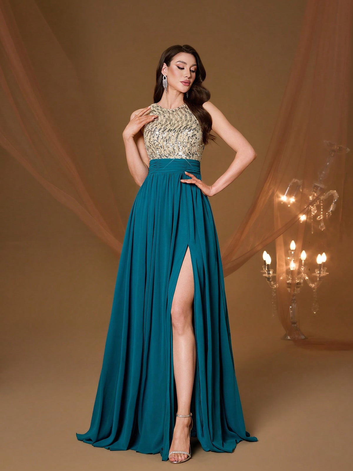 High Collar Backless Decorative Evening Dress, Embellished With Sequin Bow Decor, High Slit, Satin A-Line Skirt Spring Wedding Party Black