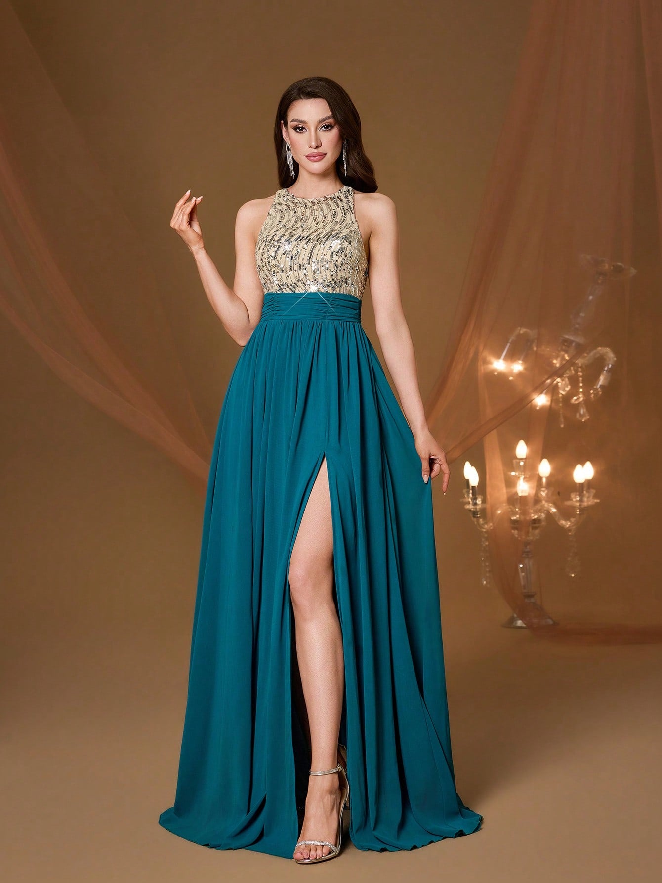 High Collar Backless Decorative Evening Dress, Embellished With Sequin Bow Decor, High Slit, Satin A-Line Skirt Spring Wedding Party Black