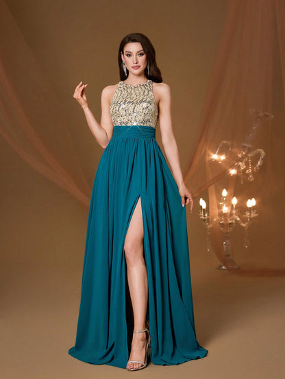 High Collar Backless Decorative Evening Dress, Embellished With Sequin Bow Decor, High Slit, Satin A-Line Skirt Spring Wedding Party Black
