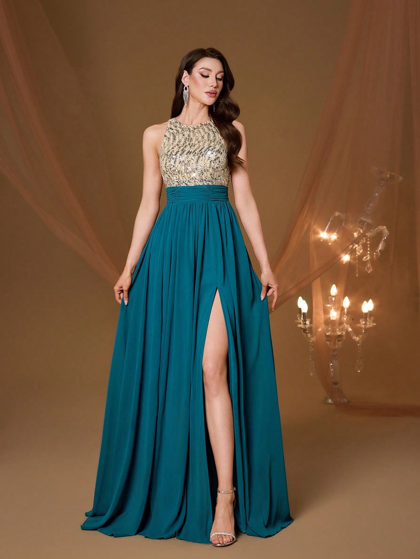 High Collar Backless Decorative Evening Dress, Embellished With Sequin Bow Decor, High Slit, Satin A-Line Skirt Spring Wedding Party Black