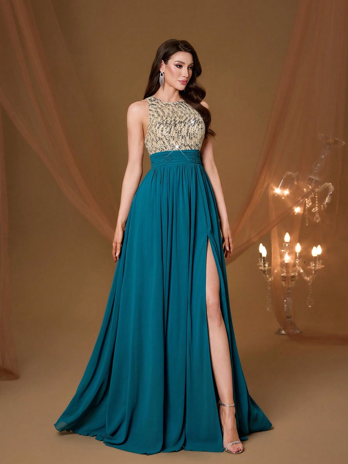 High Collar Backless Decorative Evening Dress, Embellished With Sequin Bow Decor, High Slit, Satin A-Line Skirt Spring Wedding Party Black