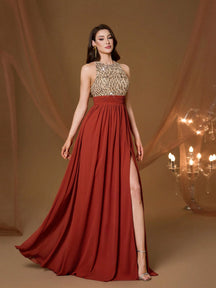 High Collar Backless Decorative Evening Dress, Embellished With Sequin Bow Decor, High Slit, Satin A-Line Skirt Spring Wedding Party Black