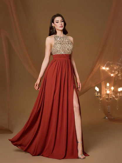 High Collar Backless Decorative Evening Dress, Embellished With Sequin Bow Decor, High Slit, Satin A-Line Skirt Spring Wedding Party Black