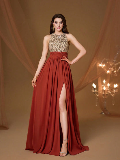 High Collar Backless Decorative Evening Dress, Embellished With Sequin Bow Decor, High Slit, Satin A-Line Skirt Spring Wedding Party Black