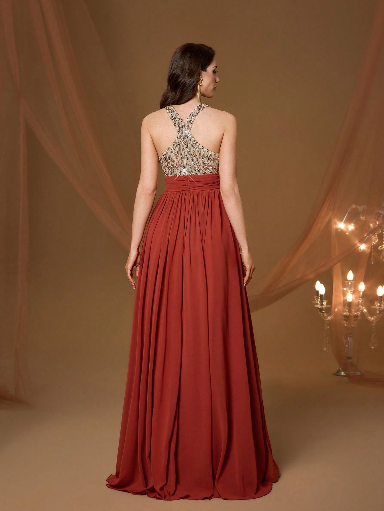 High Collar Backless Decorative Evening Dress, Embellished With Sequin Bow Decor, High Slit, Satin A-Line Skirt Spring Wedding Party Black
