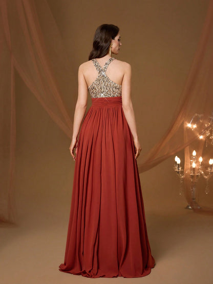 High Collar Backless Decorative Evening Dress, Embellished With Sequin Bow Decor, High Slit, Satin A-Line Skirt Spring Wedding Party Black