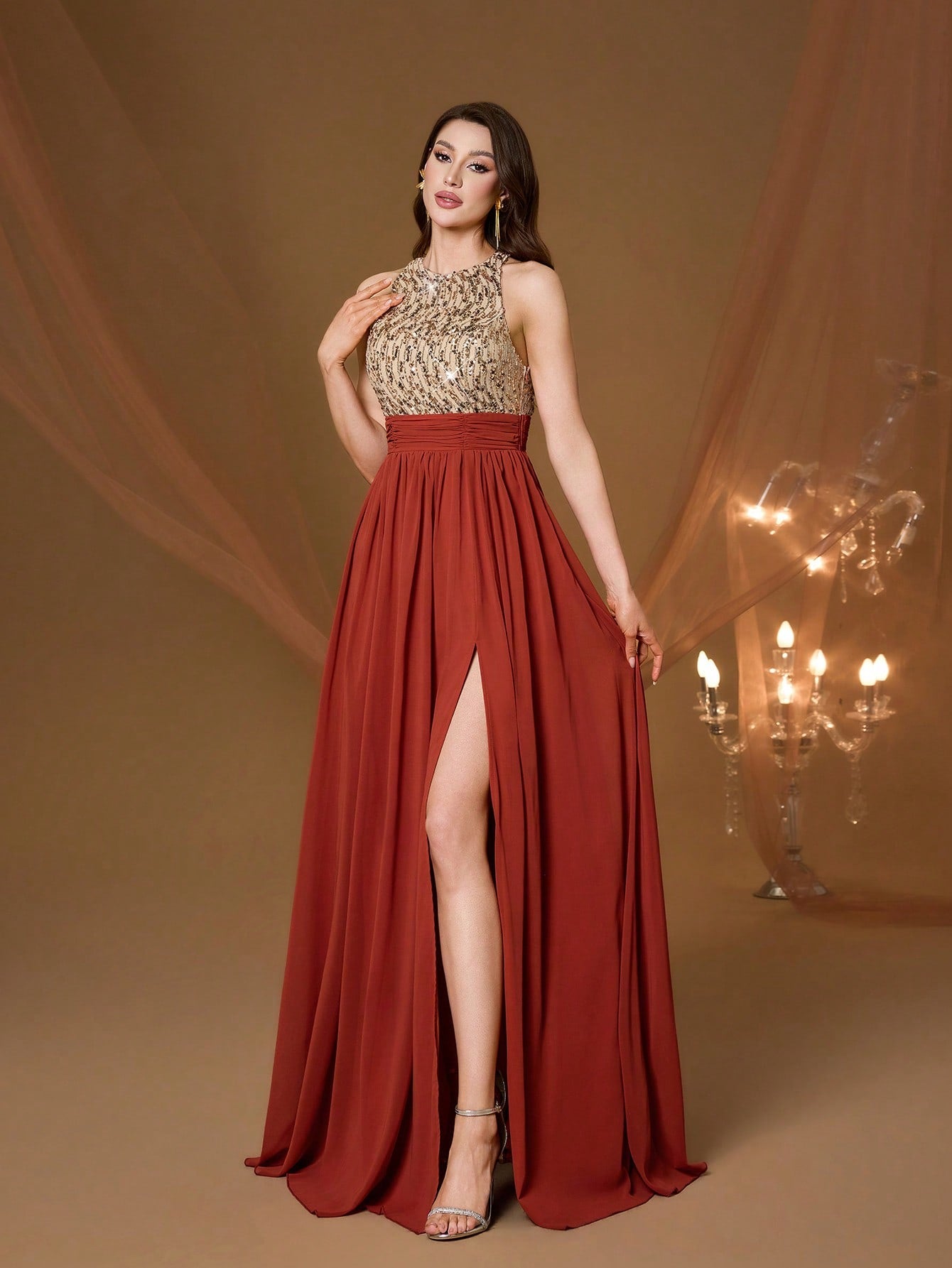 High Collar Backless Decorative Evening Dress, Embellished With Sequin Bow Decor, High Slit, Satin A-Line Skirt Spring Wedding Party Black
