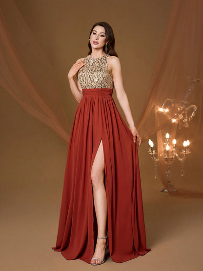 High Collar Backless Decorative Evening Dress, Embellished With Sequin Bow Decor, High Slit, Satin A-Line Skirt Spring Wedding Party Black