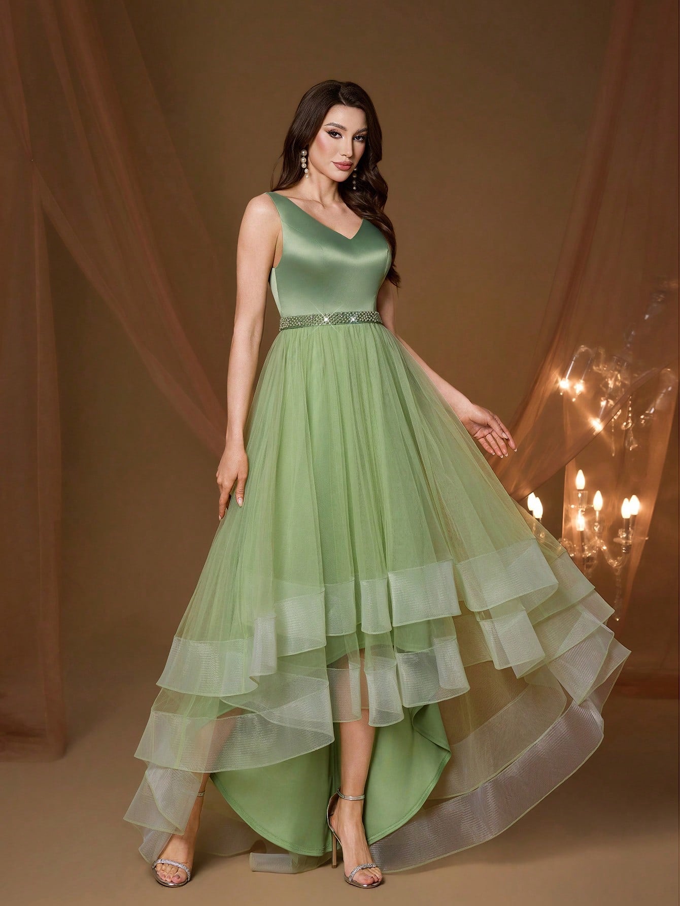 New V-Neck Elegant Plus Size Puff Dress Faux Pearl Decor Mesh Long Dress, Summer Wedding Party Black