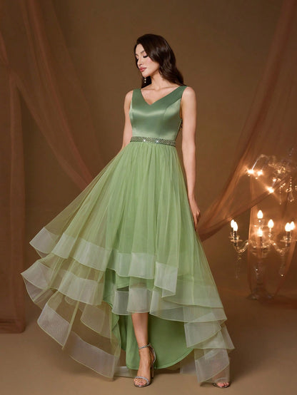 New V-Neck Elegant Plus Size Puff Dress Faux Pearl Decor Mesh Long Dress, Summer Wedding Party Black