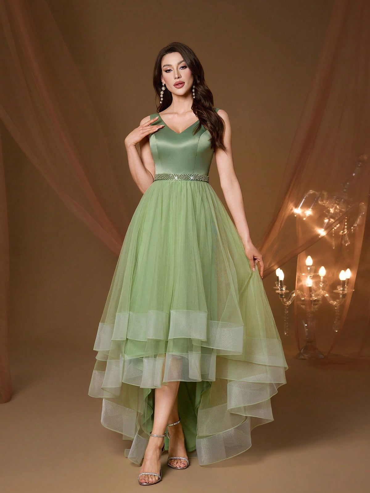 New V-Neck Elegant Plus Size Puff Dress Faux Pearl Decor Mesh Long Dress, Summer Wedding Party Black