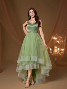 New V-Neck Elegant Plus Size Puff Dress Faux Pearl Decor Mesh Long Dress, Summer Wedding Party Black