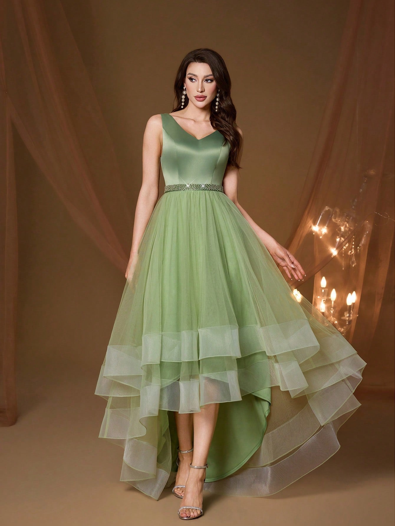 New V-Neck Elegant Plus Size Puff Dress Faux Pearl Decor Mesh Long Dress, Summer Wedding Party Black