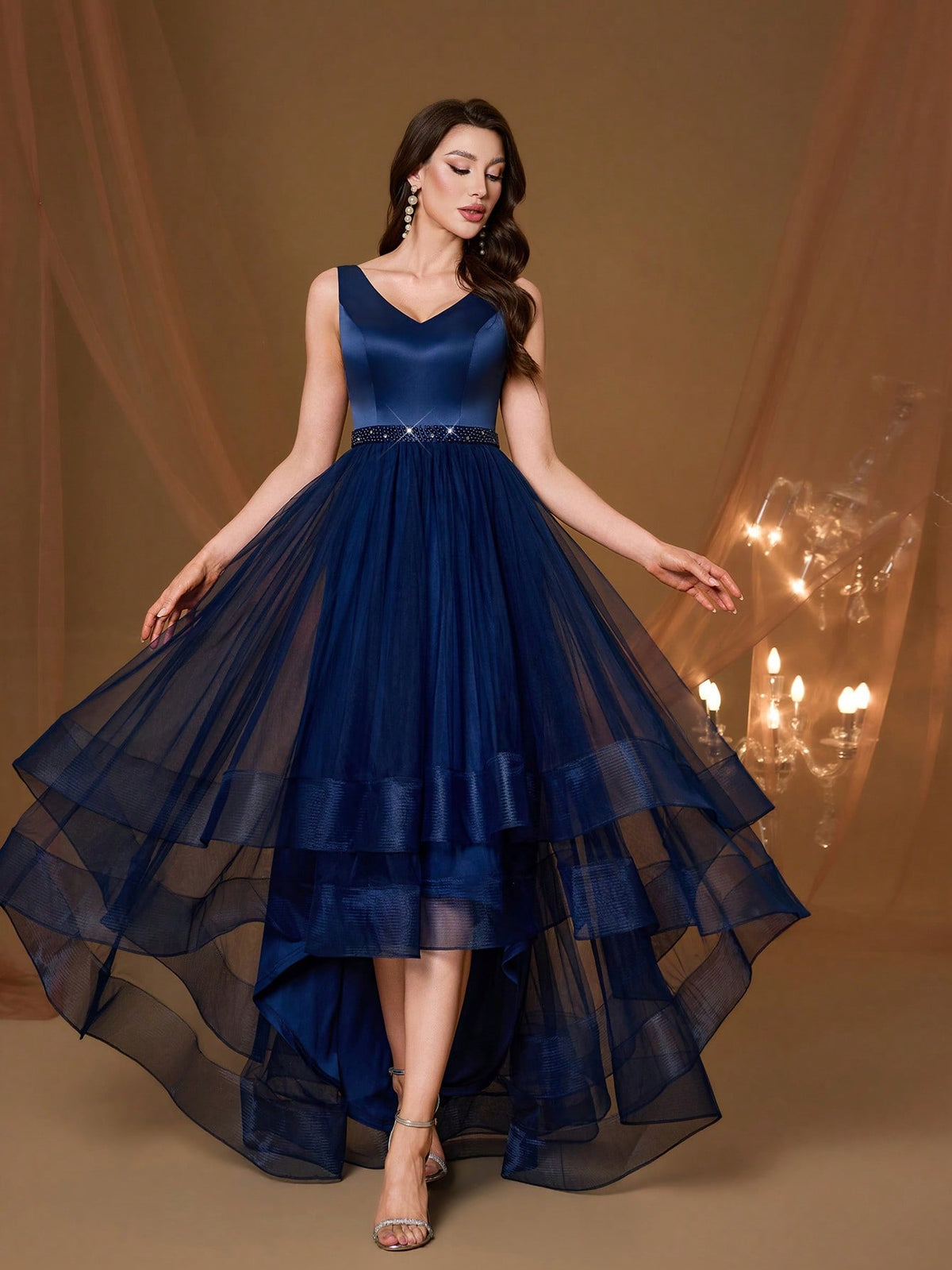 New V-Neck Elegant Plus Size Puff Dress Faux Pearl Decor Mesh Long Dress, Summer Wedding Party Black