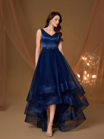 New V-Neck Elegant Plus Size Puff Dress Faux Pearl Decor Mesh Long Dress, Summer Wedding Party Black