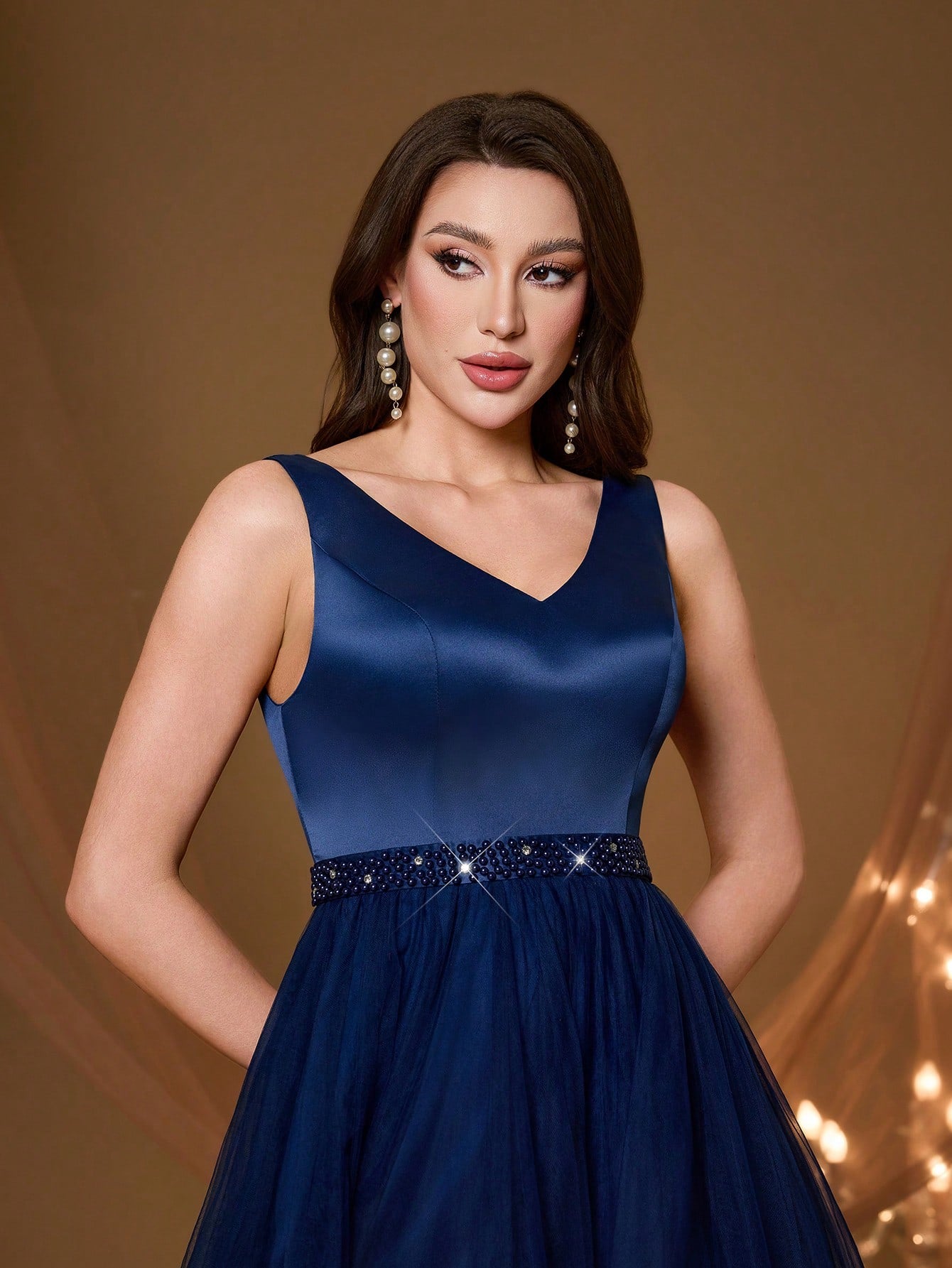 New V-Neck Elegant Plus Size Puff Dress Faux Pearl Decor Mesh Long Dress, Summer Wedding Party Black