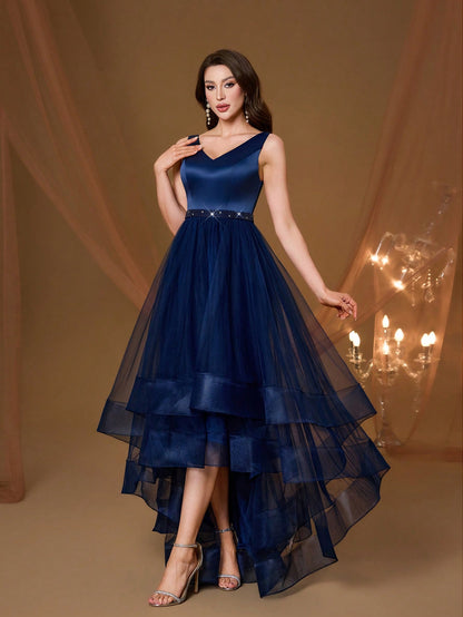 New V-Neck Elegant Plus Size Puff Dress Faux Pearl Decor Mesh Long Dress, Summer Wedding Party Black