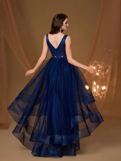 New V-Neck Elegant Plus Size Puff Dress Faux Pearl Decor Mesh Long Dress, Summer Wedding Party Black