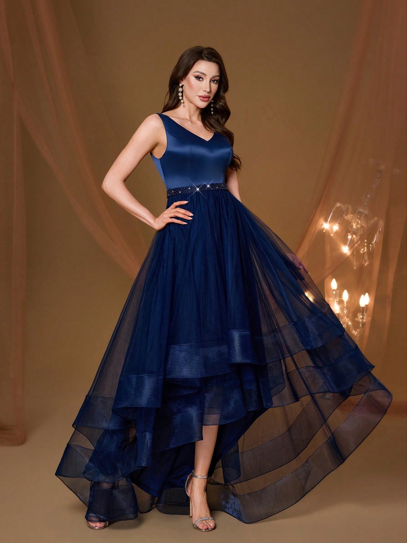 New V-Neck Elegant Plus Size Puff Dress Faux Pearl Decor Mesh Long Dress, Summer Wedding Party Black