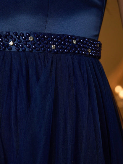 New V-Neck Elegant Plus Size Puff Dress Faux Pearl Decor Mesh Long Dress, Summer Wedding Party Black