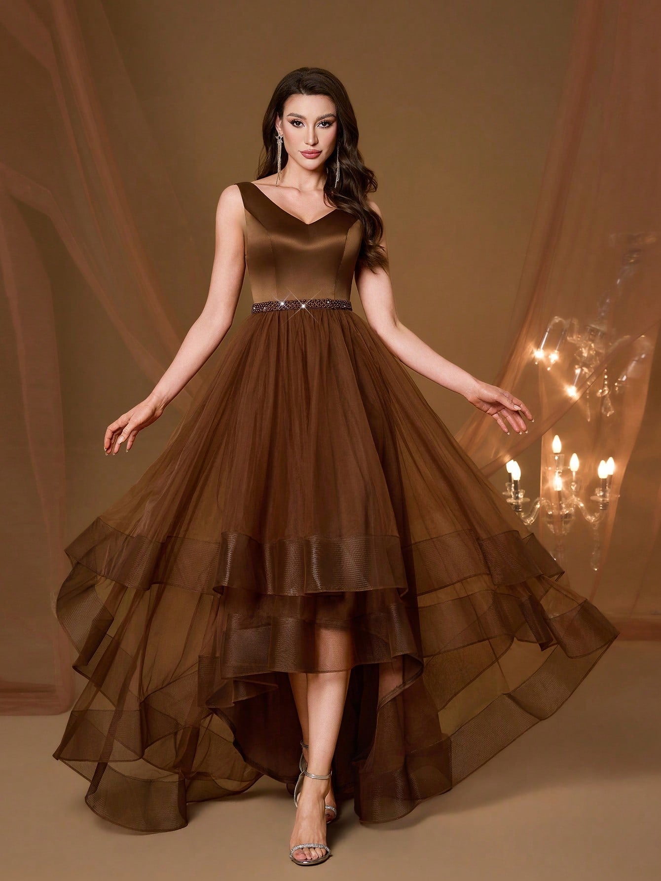 New V-Neck Elegant Plus Size Puff Dress Faux Pearl Decor Mesh Long Dress, Summer Wedding Party Black