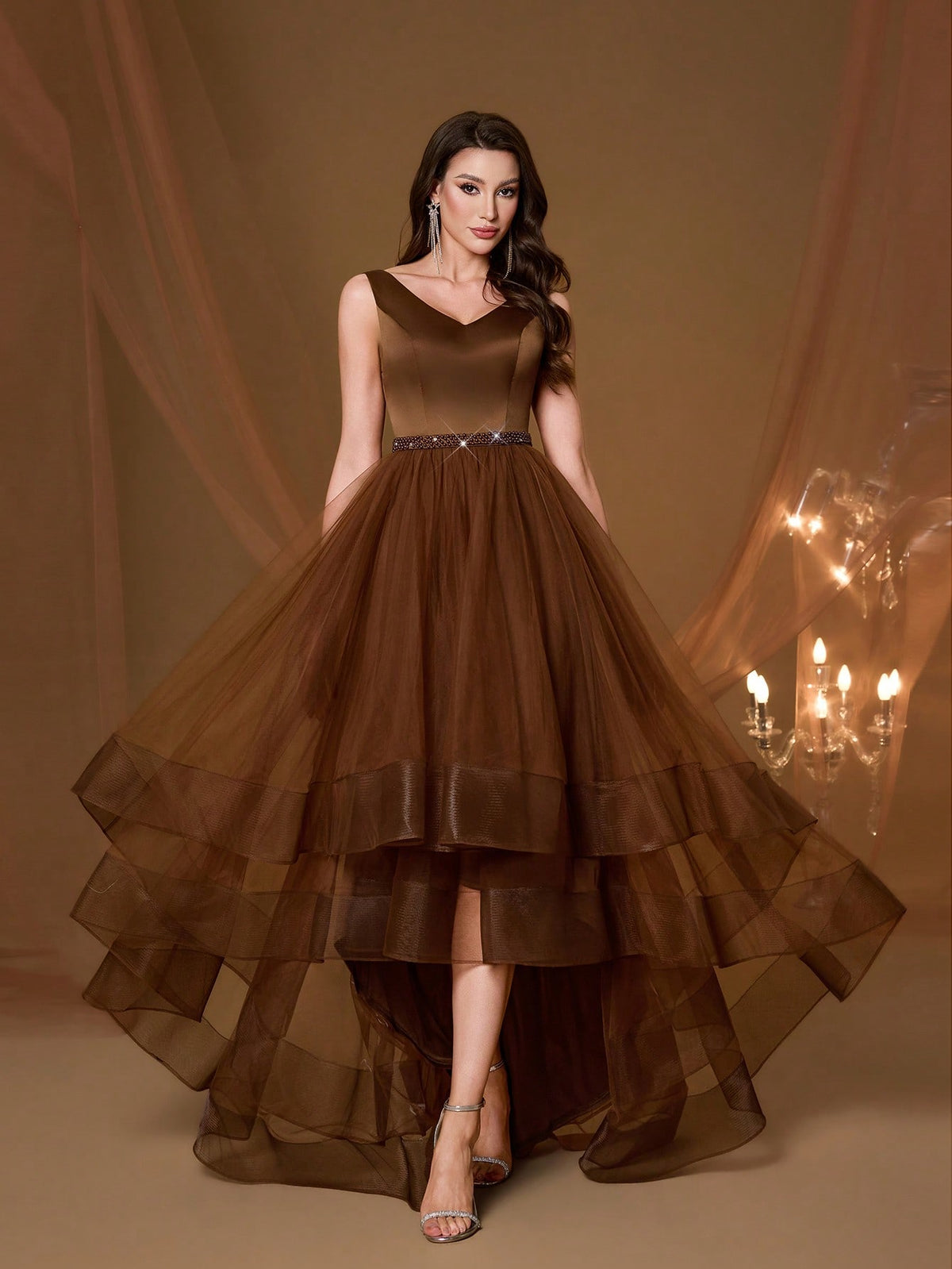 New V-Neck Elegant Plus Size Puff Dress Faux Pearl Decor Mesh Long Dress, Summer Wedding Party Black