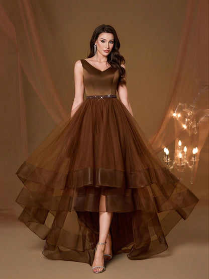 New V-Neck Elegant Plus Size Puff Dress Faux Pearl Decor Mesh Long Dress, Summer Wedding Party Black