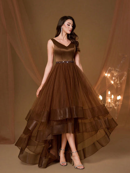 New V-Neck Elegant Plus Size Puff Dress Faux Pearl Decor Mesh Long Dress, Summer Wedding Party Black