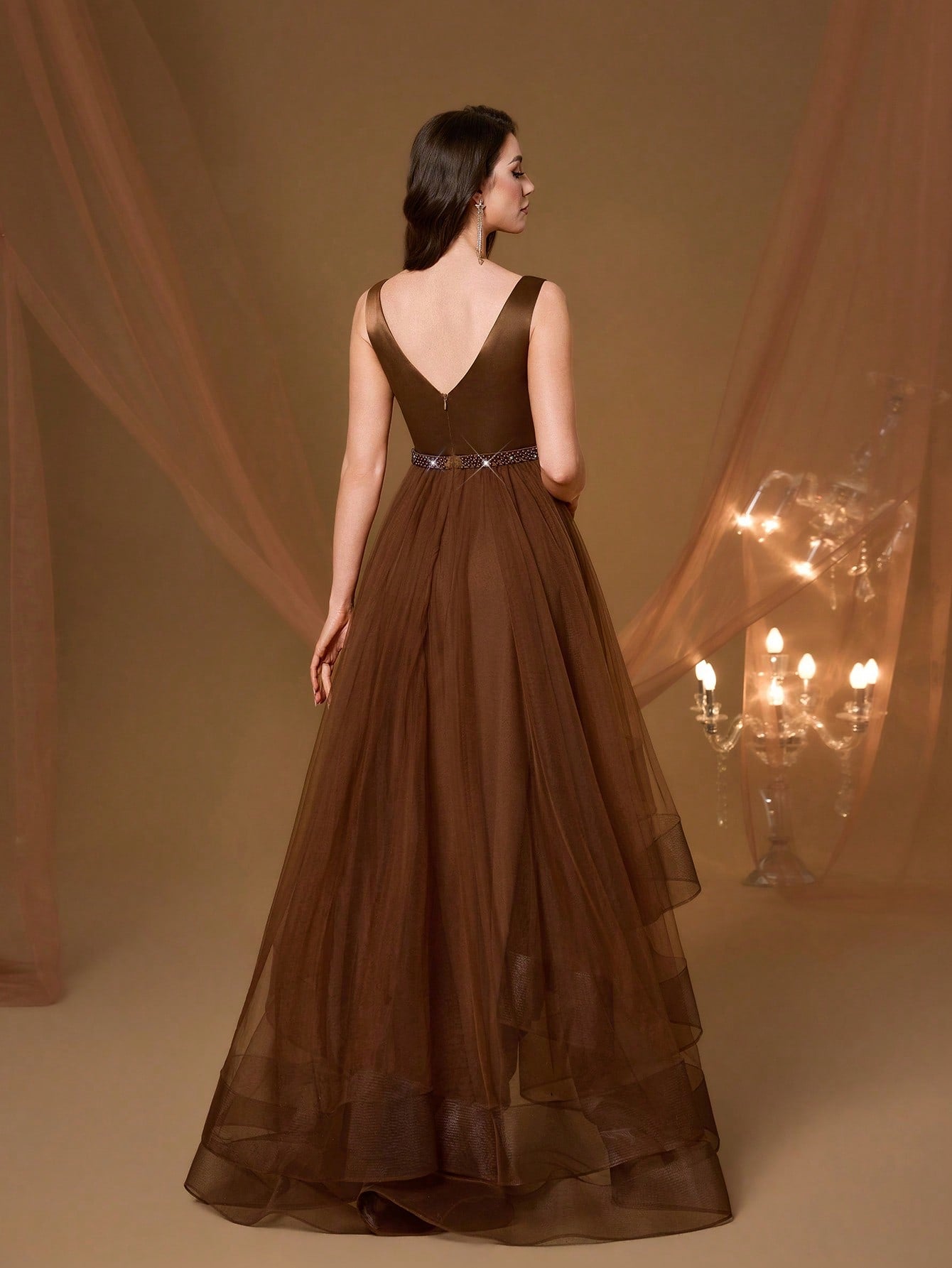 New V-Neck Elegant Plus Size Puff Dress Faux Pearl Decor Mesh Long Dress, Summer Wedding Party Black