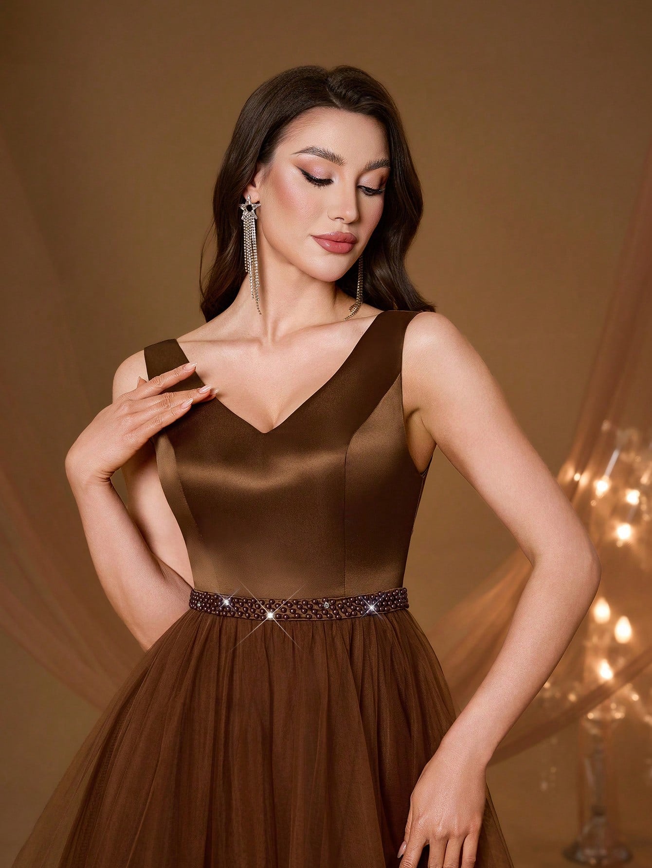 New V-Neck Elegant Plus Size Puff Dress Faux Pearl Decor Mesh Long Dress, Summer Wedding Party Black