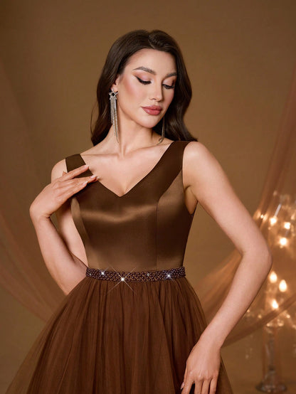 New V-Neck Elegant Plus Size Puff Dress Faux Pearl Decor Mesh Long Dress, Summer Wedding Party Black