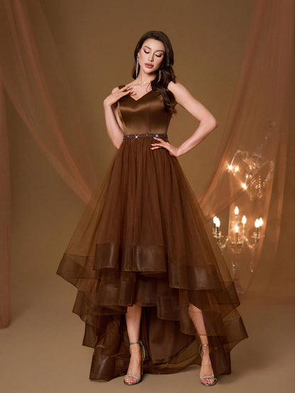 New V-Neck Elegant Plus Size Puff Dress Faux Pearl Decor Mesh Long Dress, Summer Wedding Party Black