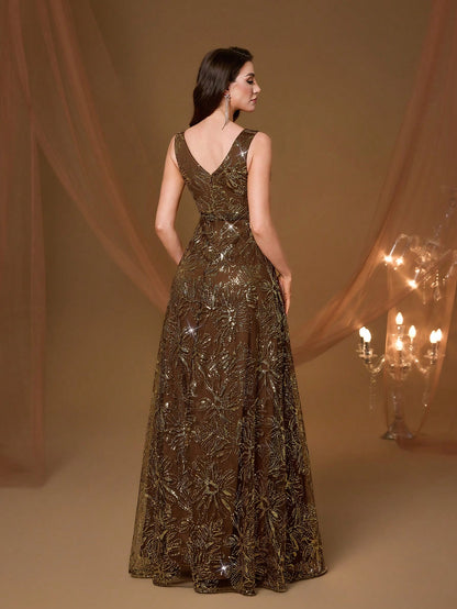 Elegant Women Brown Sleeveless V Neck Floral Sequin A-Line Maxi Gown For Fall Winter Wedding Guest, Prom, Going Out & Festival Evening Birthday Party