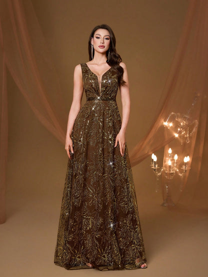 Elegant Women Brown Sleeveless V Neck Floral Sequin A-Line Maxi Gown For Fall Winter Wedding Guest, Prom, Going Out & Festival Evening Birthday Party