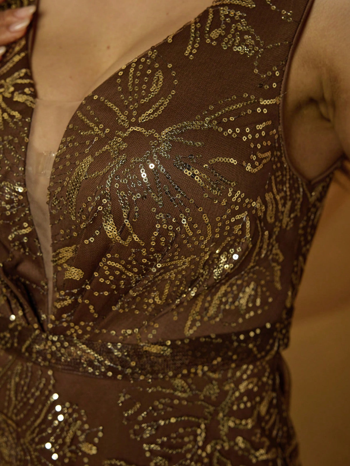 Elegant Women Brown Sleeveless V Neck Floral Sequin A-Line Maxi Gown For Fall Winter Wedding Guest, Prom, Going Out & Festival Evening Birthday Party