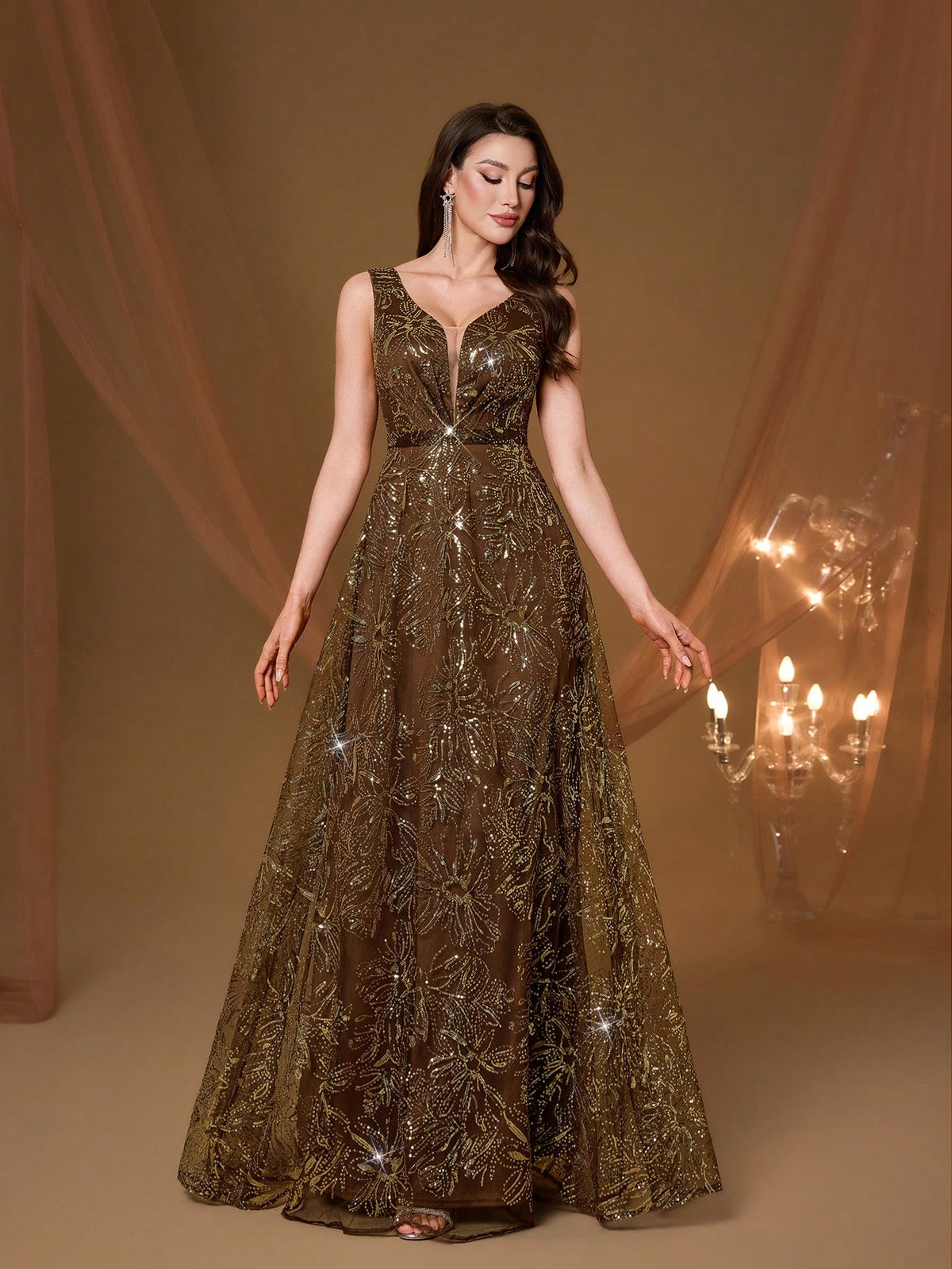 Elegant Women Brown Sleeveless V Neck Floral Sequin A-Line Maxi Gown For Fall Winter Wedding Guest, Prom, Going Out & Festival Evening Birthday Party