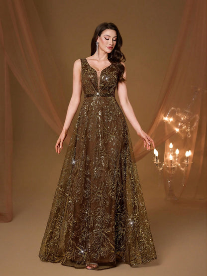 Elegant Women Brown Sleeveless V Neck Floral Sequin A-Line Maxi Gown For Fall Winter Wedding Guest, Prom, Going Out & Festival Evening Birthday Party