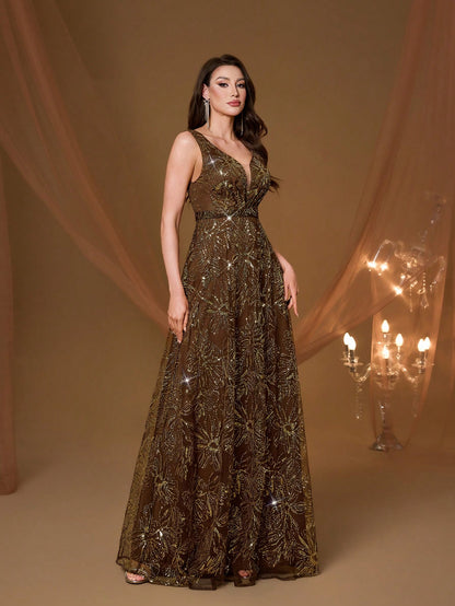 Elegant Women Brown Sleeveless V Neck Floral Sequin A-Line Maxi Gown For Fall Winter Wedding Guest, Prom, Going Out & Festival Evening Birthday Party