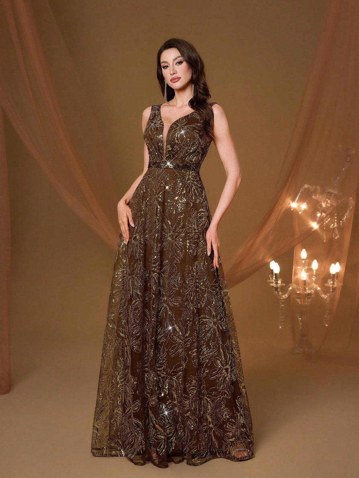 Elegant Women Brown Sleeveless V Neck Floral Sequin A-Line Maxi Gown For Fall Winter Wedding Guest, Prom, Going Out & Festival Evening Birthday Party