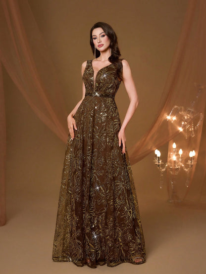 Elegant Women Brown Sleeveless V Neck Floral Sequin A-Line Maxi Gown For Fall Winter Wedding Guest, Prom, Going Out & Festival Evening Birthday Party