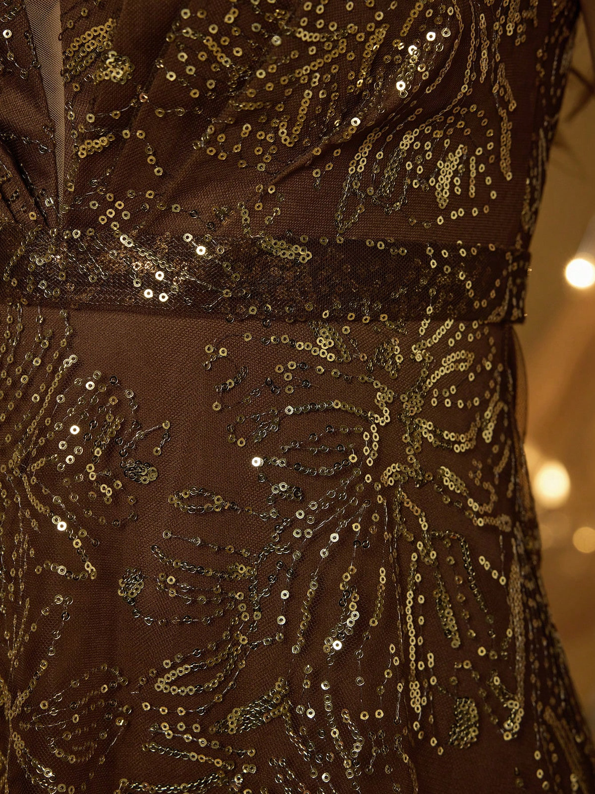 Elegant Women Brown Sleeveless V Neck Floral Sequin A-Line Maxi Gown For Fall Winter Wedding Guest, Prom, Going Out & Festival Evening Birthday Party