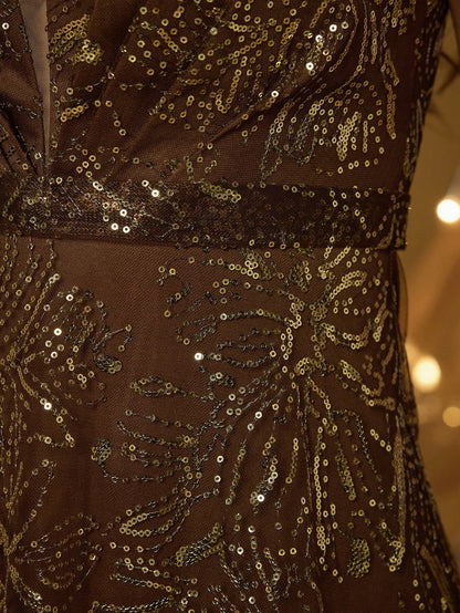 Elegant Women Brown Sleeveless V Neck Floral Sequin A-Line Maxi Gown For Fall Winter Wedding Guest, Prom, Going Out & Festival Evening Birthday Party