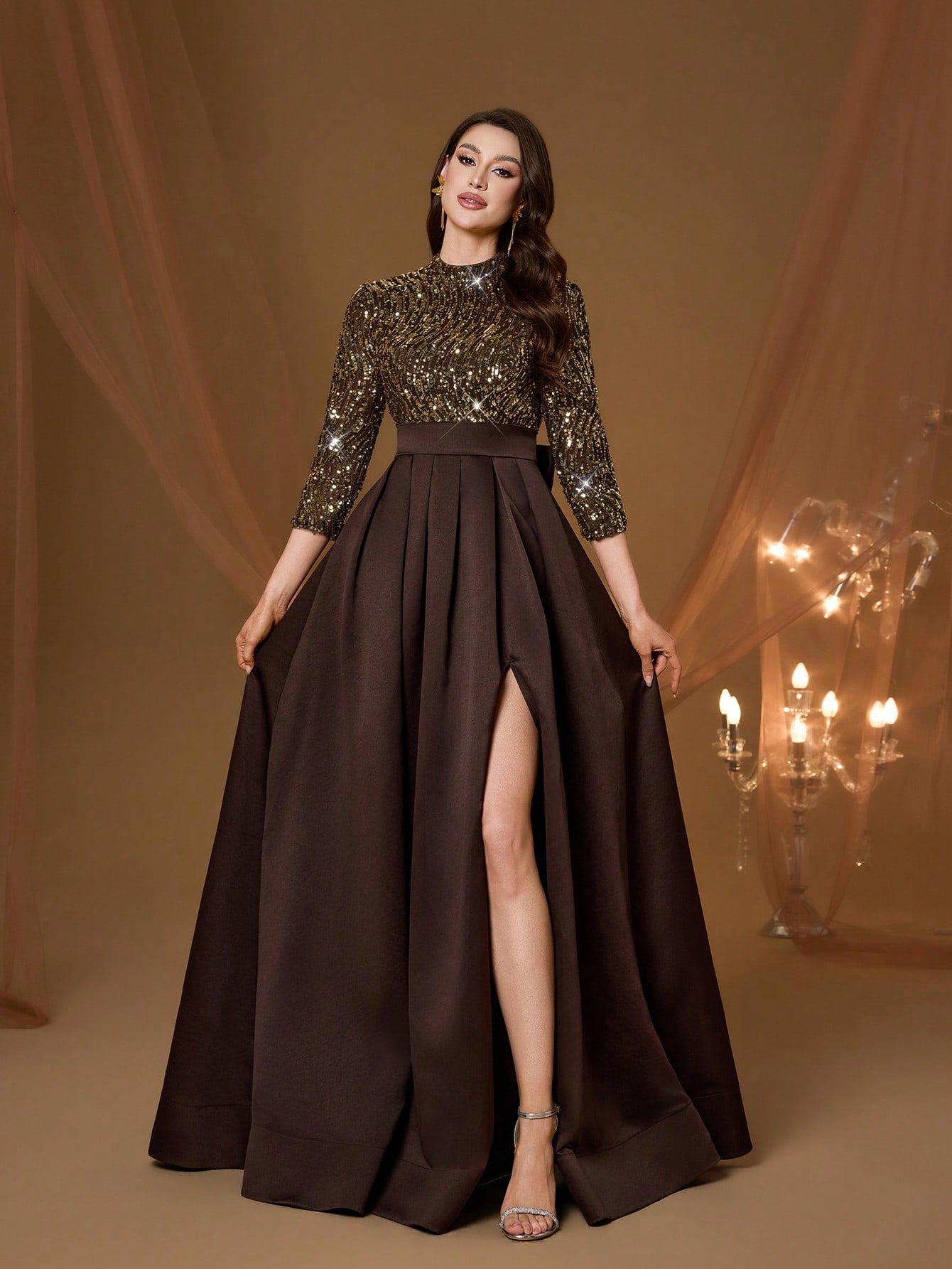 New Arrival High Neck Halter Fancy Evening Gown Dress Sequin Bow High Slit Satin A-Line Dress Party Wedding Black Spring